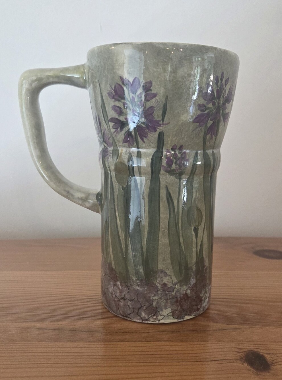Hand-Painted Botanical Ceramic Mug in Sage Green and Purple